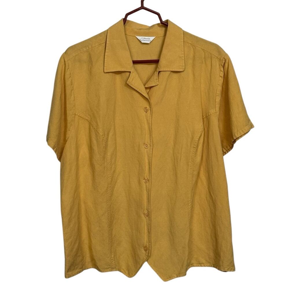 Christopher & Banks XL Button Blouse Shirt Short Sleeve Rayon Linen Yellow READ